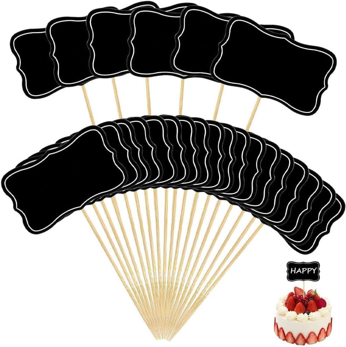 50 Leisteenetiketten op Spikes voor Buffet en Apero, Ideaal voor Cupcake- en Sandwichdecoraties, Klein en Zwart