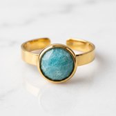 Lundholm Ella Blauwe Amazoniet Ringen Dames Goudkleurig - Verstelbare Edelsteen Ring met Echte Amazoniet - Premium Stainless Steel Jewellery PVD Goud Verguld - Hypoallergene Sieraden - Vrouwen Cadeautjes - Kerst Cadeau Vriendin - my Lundholm
