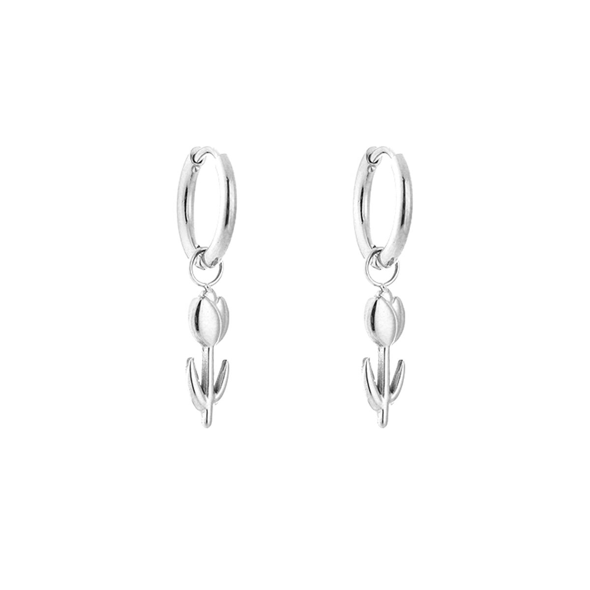 Stainless Steel Tulip Charm Hoops – Luxe Tulp Oorringen – RVS - Zilver
