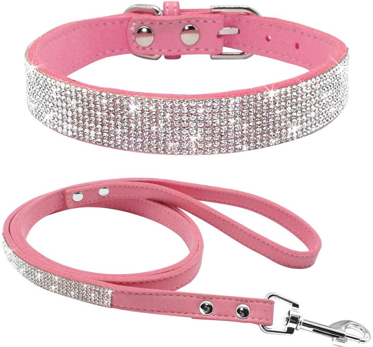 SnelShoppen - Schattige Strass Halsband en Hondenriem Set voor Kat/Hond/Puppy - Zacht Suède met Bling Kristallen - Elegant en Chic - Maat M - Roze