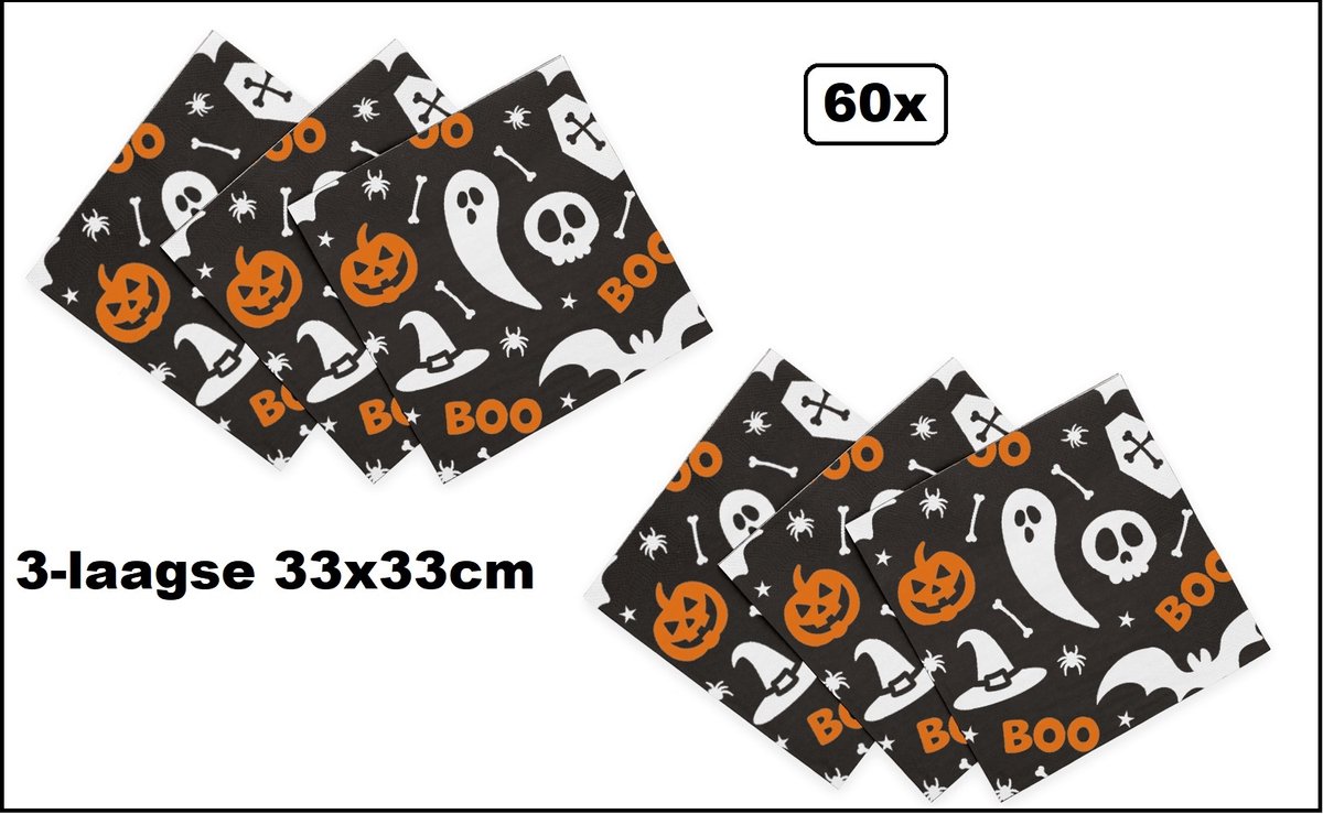 60x Servetten Halloween boo 33cm x 33cm - 3 laags - Servet diner eten knoeien restaurant Halloween griezel spook tocht