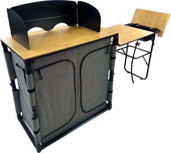 EveBase Flex Deluxe - Campingkeuken - Inklapbare Campingkast met Windscherm/Wasbak/Zijblad - Bamboe - Grijs/Zwart — afbeelding 4