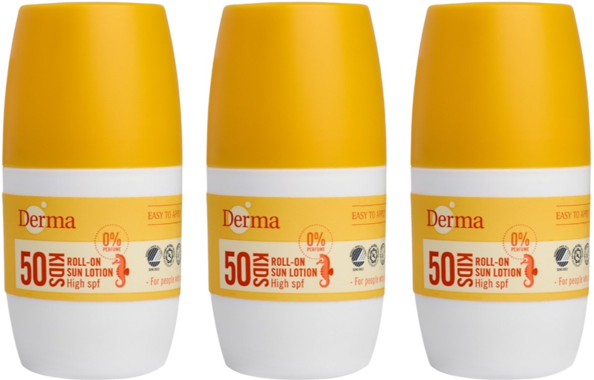 Derma Sun Kids - Zonnebrand Roll-on SPF50 - 3 x 50 ml - Hoge UVA en UVB Bescherming - Waterbestendig - Parfumvrij - Met Aloe Vera en Vitamine E - AllergyCertified