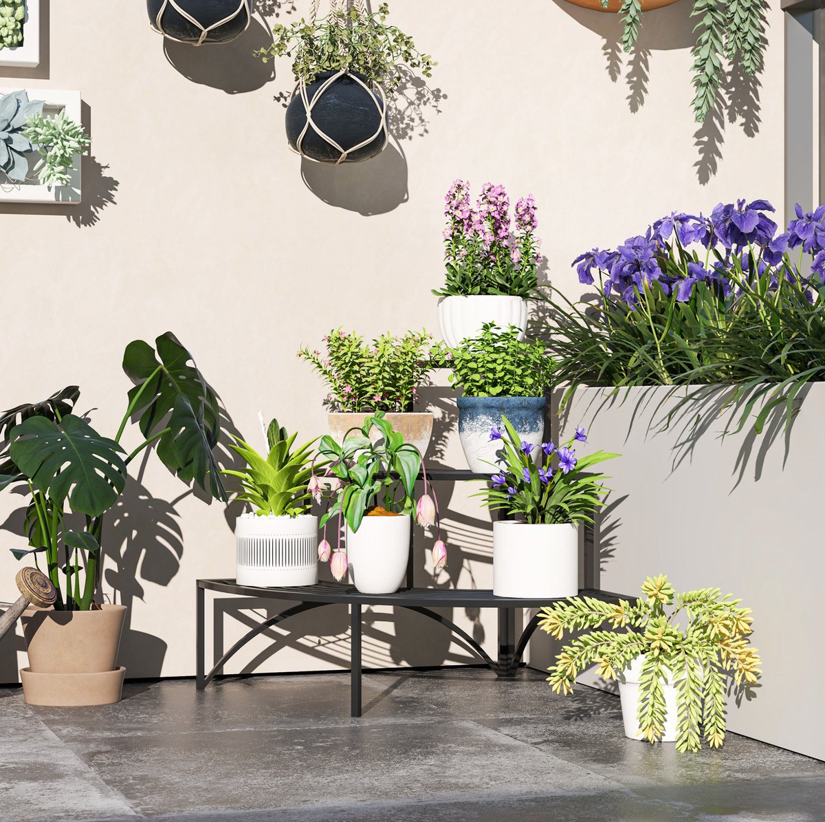 Plantenstandaard Ruimtebesparend 87 X 60 X 60 Cm Metaal Zwart Voor Hoeken En Kleine Ruimtes Met Drie Open Etages Voor Binnen En Buiten