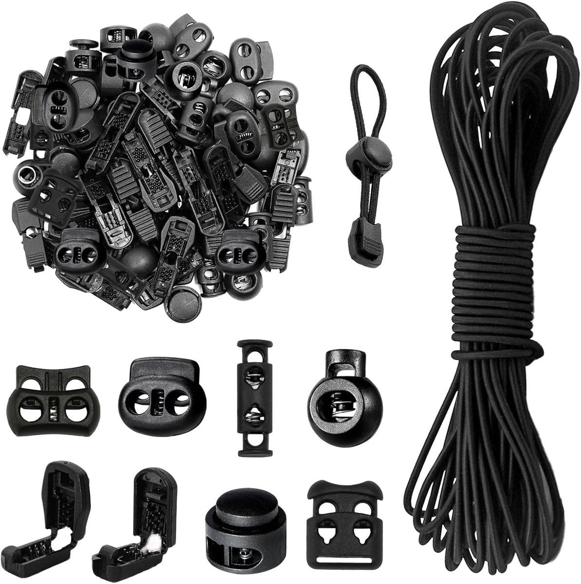 Elastisch Touw 10 m 3 mm met 20 Kordelstopper en 60 Kordelstopper met 2 Gaten voor Rugzak, Kleding en Schoenen