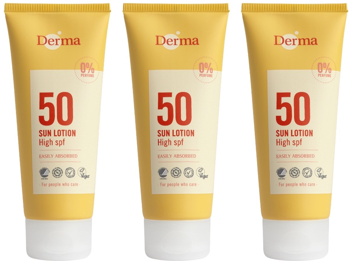 Derma Sun - Zonnebrand SPF50 3 x 100 ml - Hoge UVA en UVB Bescherming - Waterbestendig - Parfumvrij - AllergyCertified - met Aloe Vera, Glycerine en Vitamine E