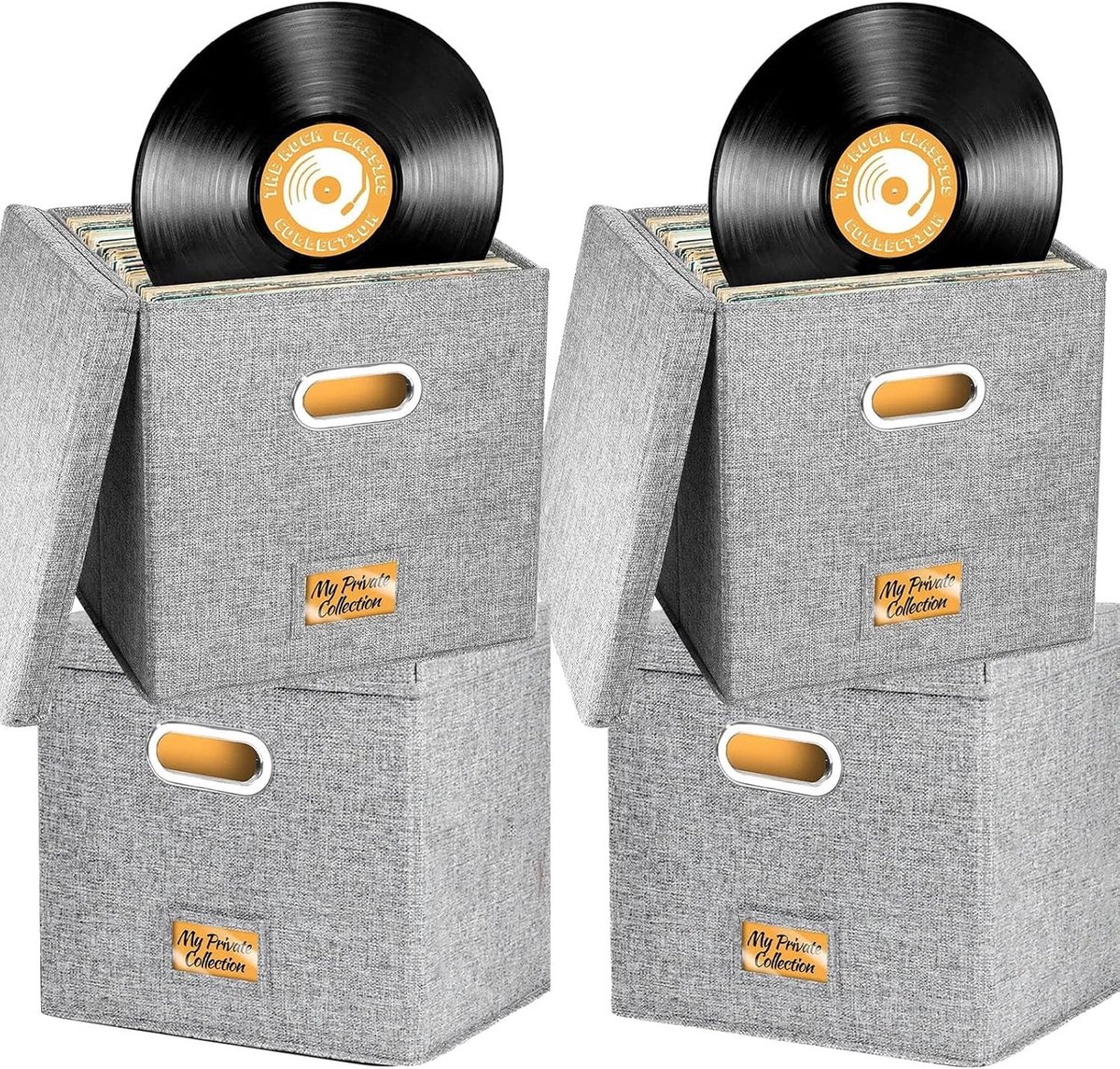 Set van 4 Vouwbare Vinyl Platenopbergdozen van 30 cm met Deksel en Handvatten, Geschikt voor 100+ Albums, CD's en Tijdschriften Organizer