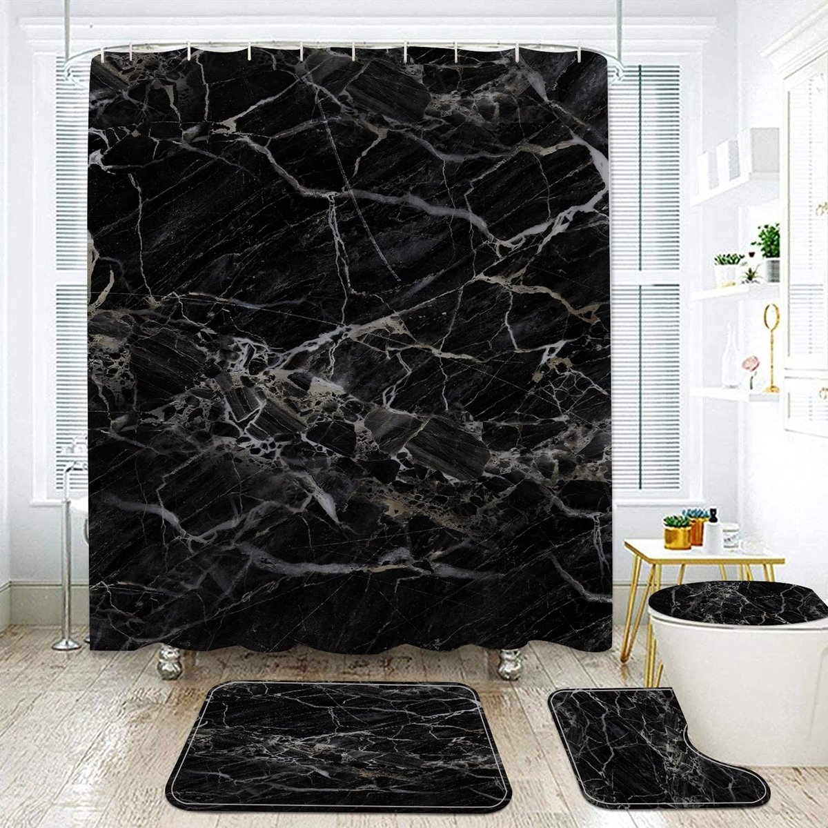 SnelShoppen - Zwart Marmeren Douchegordijn Set met Badtapijten, 4 Stuks Abstract Baddecor, Waterdichte Gordijnen, Absorberende Matten en WC-Stoelhoes,
