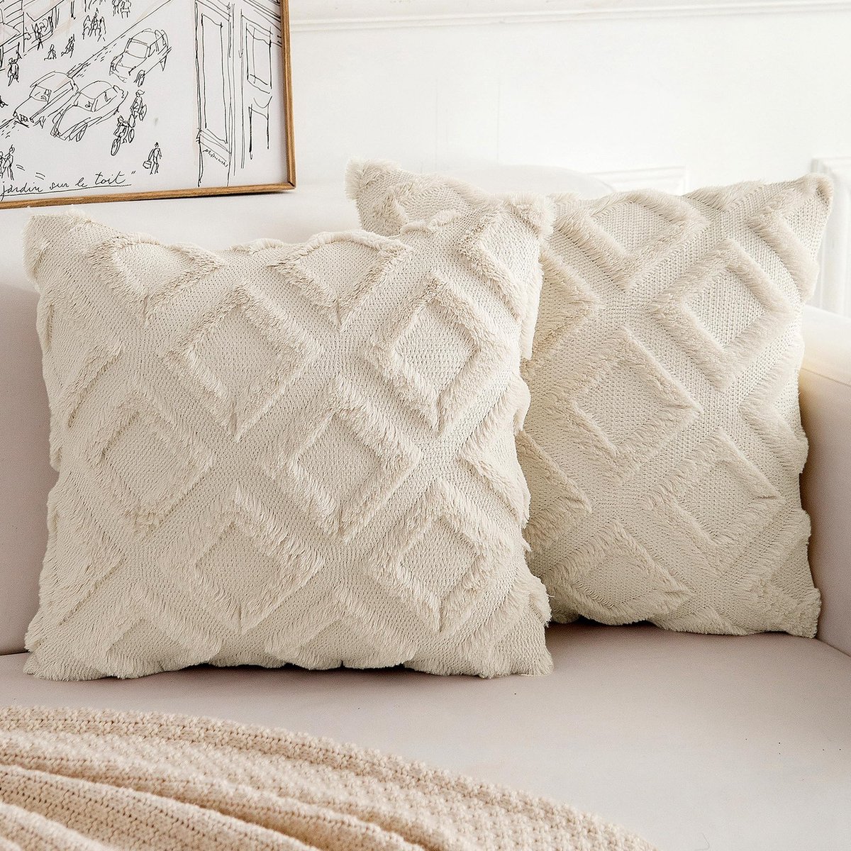 SnelShoppen - Set van 2 Boho Kussenslopen 45x45 cm Beige Pluizig Polyester Decoratieve Kussenovertrekken voor Bank en Woonkamer