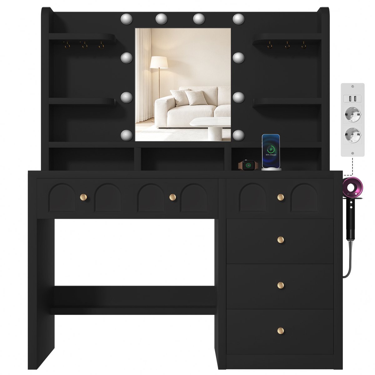 Lexzurn Kaptafel - make up tafel met spiegel - 3 soorten LED-verlichting - Met kettinghaken - met haak voor föhn - met stopcontact en USB-poorten - 145x90x40 cm - geschikt voor slaapkamers en kleedkamers - zwart