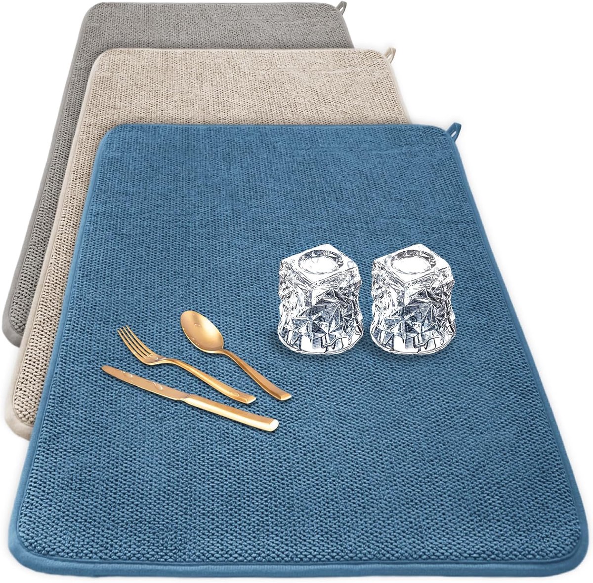 3-delige Extra Grote Microvezel Afdruipmatten - 60x43 cm - Absorberend en Veelzijdig - Voor Keukenblad - Koffiezetapparaat - Rek en Onder Spoelbak - Beige - Blauw - Grijs