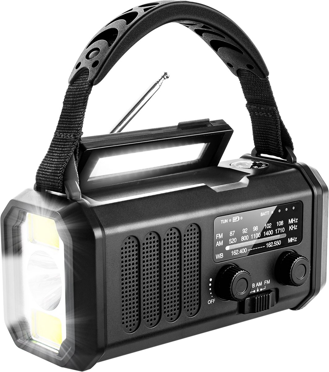 Noodradio 20.000 mAh, drievoudige verlichting, draagbare powerbank, zelfopladend via zonne-energie, opladen via handkruk, waterdicht en schokbestendig volgens militaire normen