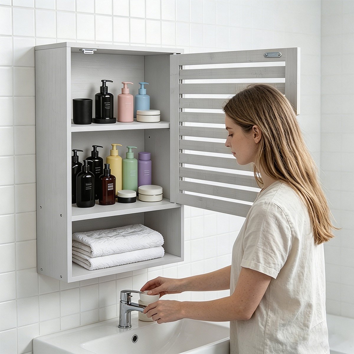 PIPIPOXER Hangkast badkamer - Badkamer Wandkast - 3 vakken -Open Planchet- Hangend Over Het Toilet - 40 x 20 x 60 cm - bamboe-Wit