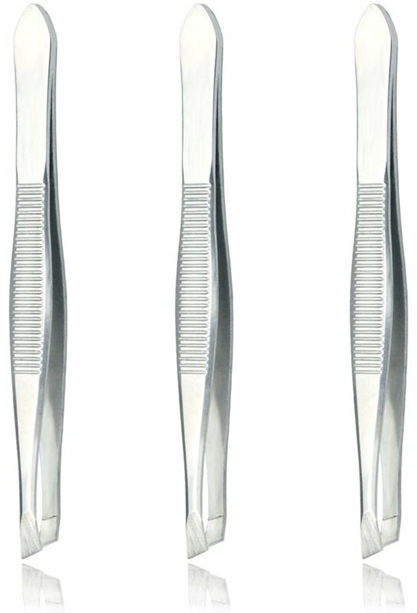(Set van 3) Pincet met schuine punt – Precisiepincet van roestvrij staal met schuine punt, voor haartjes en wenkbrauwen (Zilver)