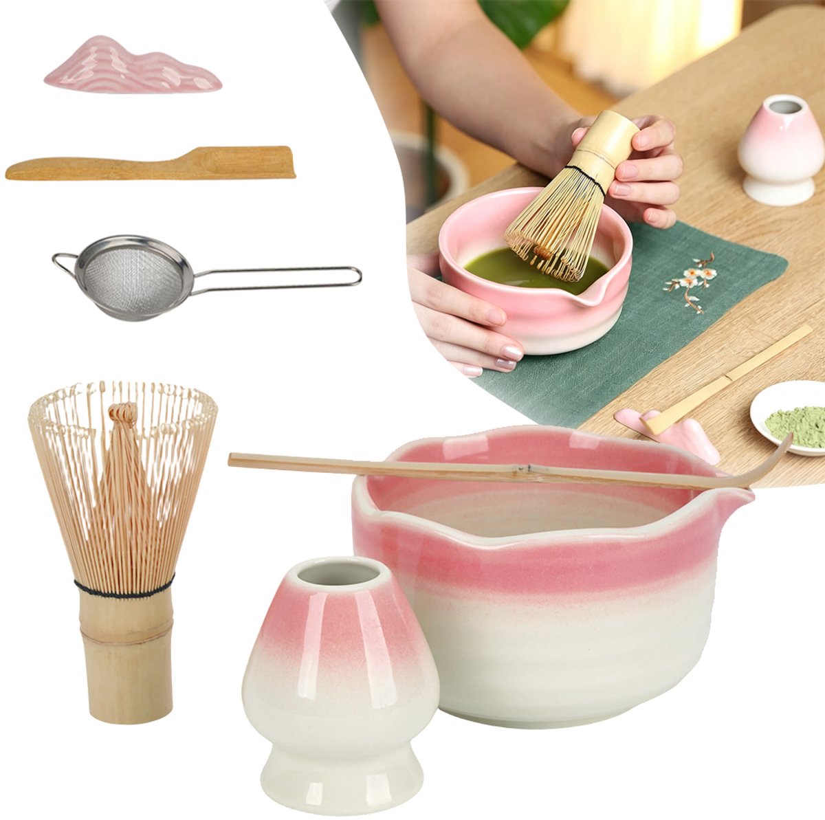 7-Delige Matcha Set - Matcha Garde Set - Bamboe Matcha Garde Keramische Kom - Compleet Matcha-Cadeau Voor De Matcha-Liefhebber
