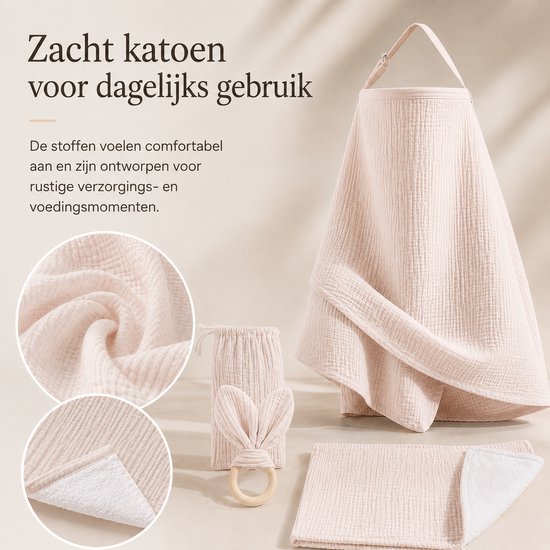 Borstvoedingsdoek Set 4-delig - Voedingsdoek - Hydrofiele Doek - Bijtring & Opbergzakje - Zacht Katoen - Beige — afbeelding 4