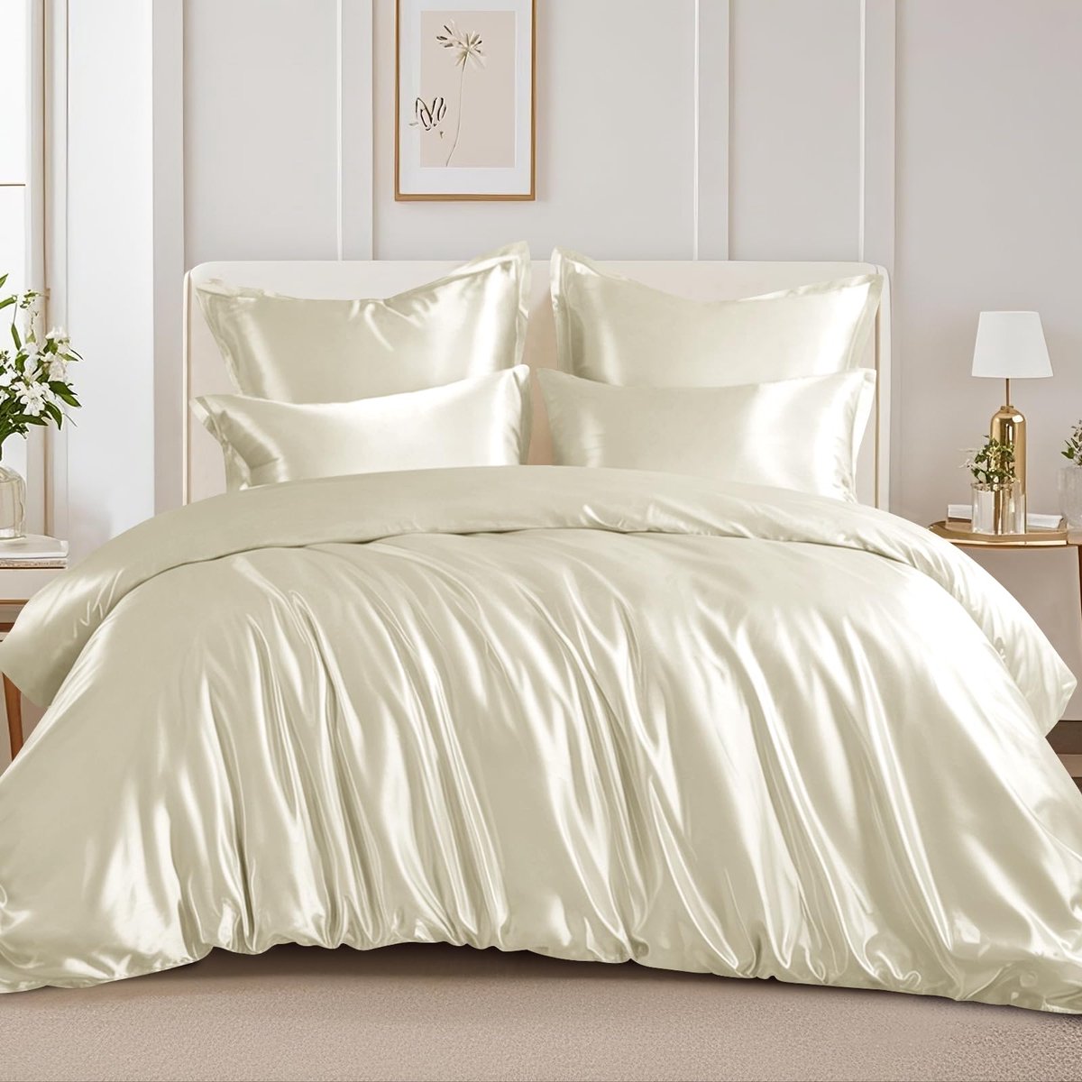 SnelShoppen - Luxe Beddengoedset van Satijn 220 x 240 cm - Beige - Zijdeachtig Dekbedovertrek met Glans - Ideaal voor Haar en Huid - Comfortabel en St