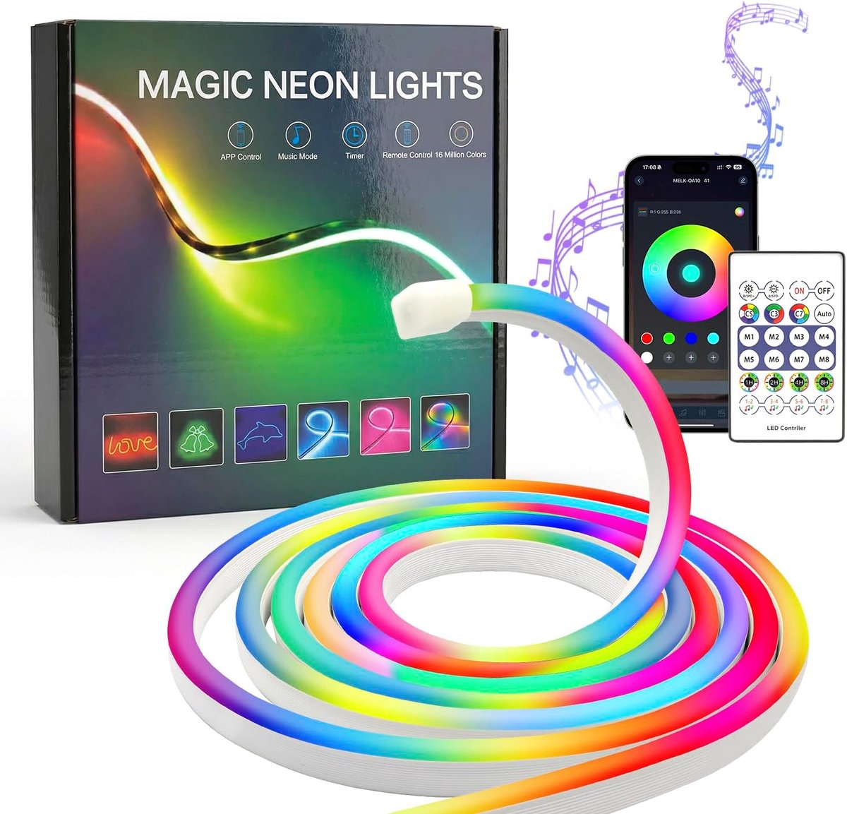 SnelShoppen - RGB IC Neon LED-strip 2m USB WS2811 IP67 Waterdicht met Bluetooth APP en IR-afstandsbediening - Muzieksynchronisatie, Flexibele Silicone
