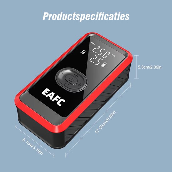 EAFC Compressor Bandenpomp - Elektrische Fietspomp - Draagbare Luchtcompressor - Fiets/Auto/Motor/Bal/Luchtbed - Met SOS functie - Tot 10.3 bar -4500 mAh — afbeelding 4