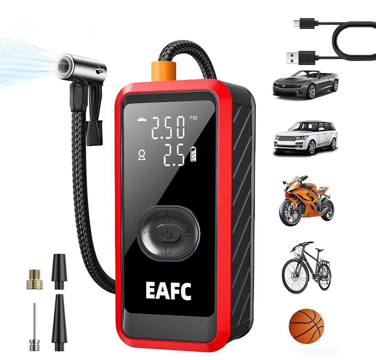 EAFC Compressor Bandenpomp - Elektrische Fietspomp - Draagbare Luchtcompressor - Fiets/Auto/Motor/Bal/Luchtbed - Met SOS functie - Tot 10.3 bar -4500 mAh
