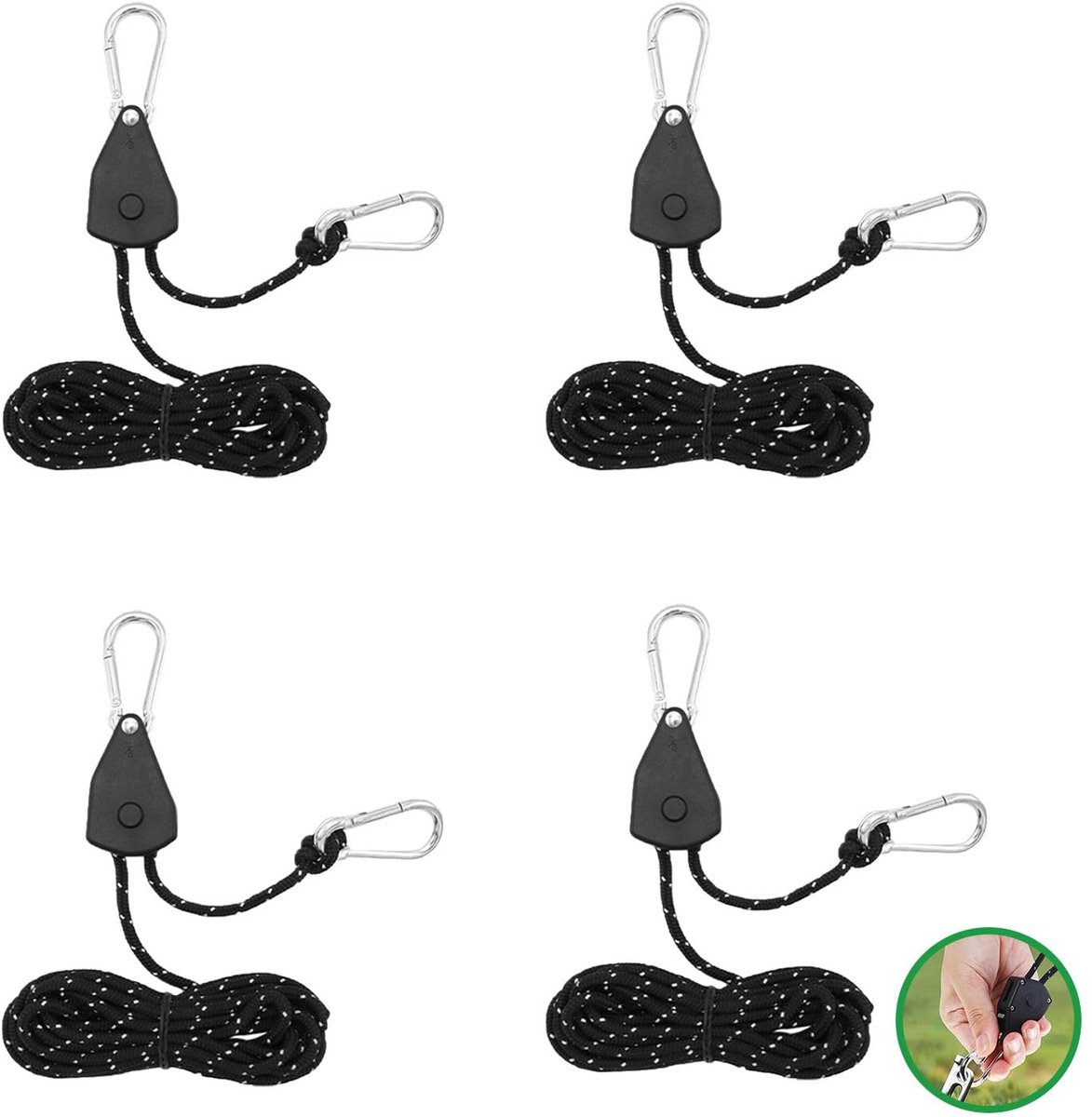 Een set van 4 meter lange tenttouwspanners, geschikt voor kamperen, buitenactiviteiten en als tentaccessoire (zwart).