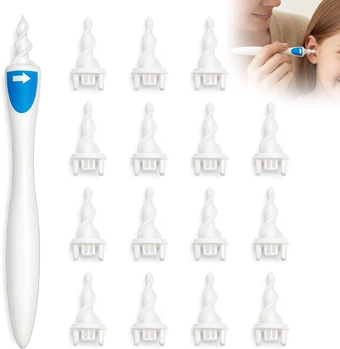 17PCS Reinigend Oor, 360 Graden Spiraal Silicone Reiniging Zoet Oor Waterdicht met 16 Vervangende Koppen Wasbare, Eliminator Cire voor het Verwijderen van Oorserumen Kinderen Volwassenen