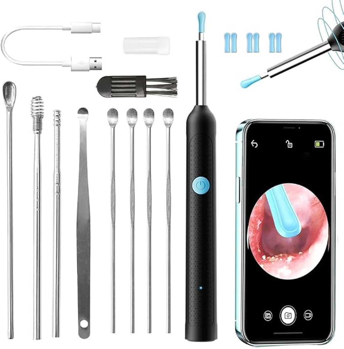 Otoscoop Oor 1080P HD Camera Endoscoop Koptelefoon 3,5mm IP67 Waterdicht Reinigend Oor met 6 Lichten LED Oplaadbare WIFI Oorreiniging Aangepast aan Smartphone Tablet voor IOS Android