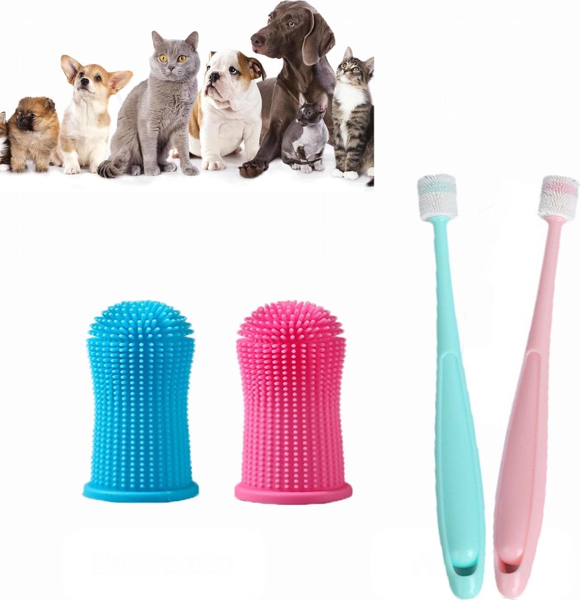 Hondentandenborstel en Kattenborstel Set - 360 Graden Borstels en Vingerborstels voor Kleine en Grote Huisdieren, Siliconen en Voedselveilig