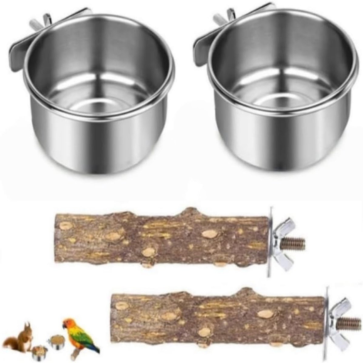 Voederdispenser voor papegaaien met zitstangen - Roestvrij staal, duurzame vogelbak en voerbak voor vogels, 2 stuks