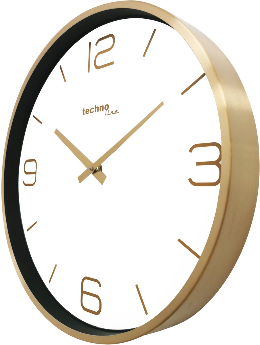 SnelShoppen - Klassieke wandklok 30 cm goud, zeer goed afleesbaar met Arabische cijfers, batterijaangedreven, perfect voor huis, keuken of kantoor