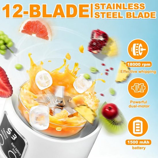 Draagbare Smoothie Maker - Mini Blender - Snelle Drankjes Maken - 12 Roestvrijstalen Messen - 450 ml Capaciteit - Wit — afbeelding 2