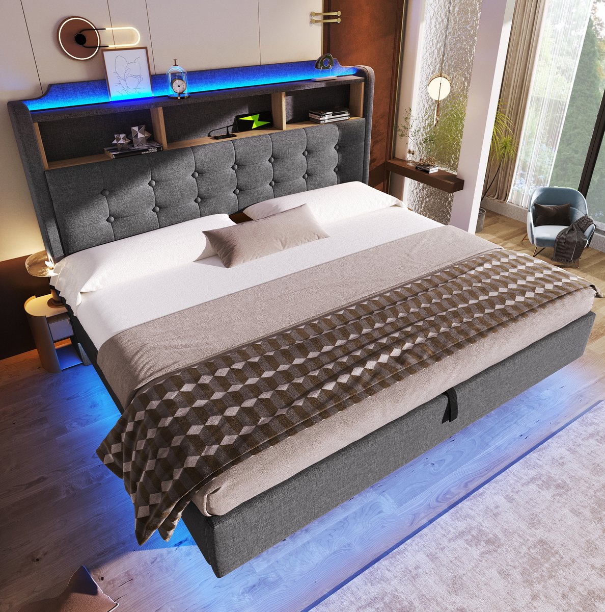 STILVORA Gestoffeerd Bed 180x200 Cm – LED-Verlichting En USB En Type-C-Aansluitingen – Hydraulische Opbergruimte – Grijs – Zonder Matras