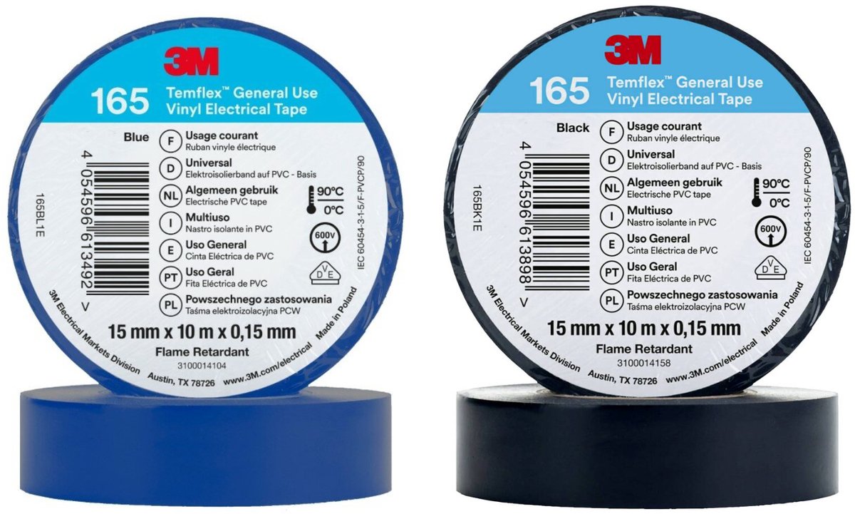 3M Temflex 165 Vinyl Isolatietape - Blauw & Zwart - PVC Elektrische Tape 2 Pack