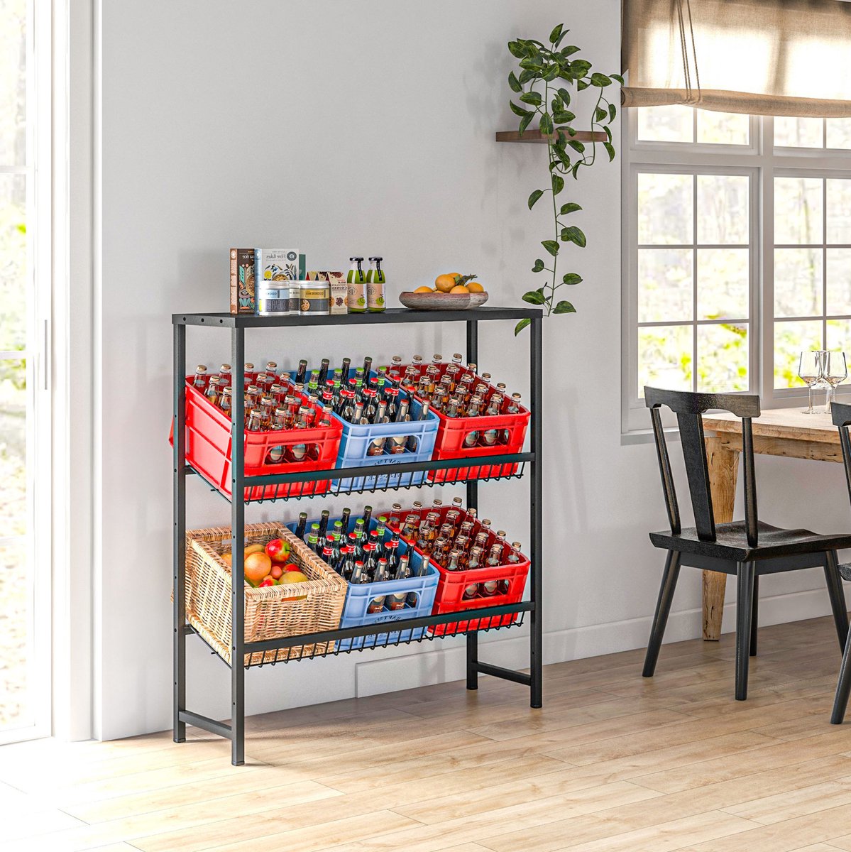 Drankkistenrek Verstelbare Hoogte 3 Niveaus Zwart Staal 103 x 33 x 113,5 cm Voor 6 Kisten Met Antislipvoeten En Kantelbeveiliging