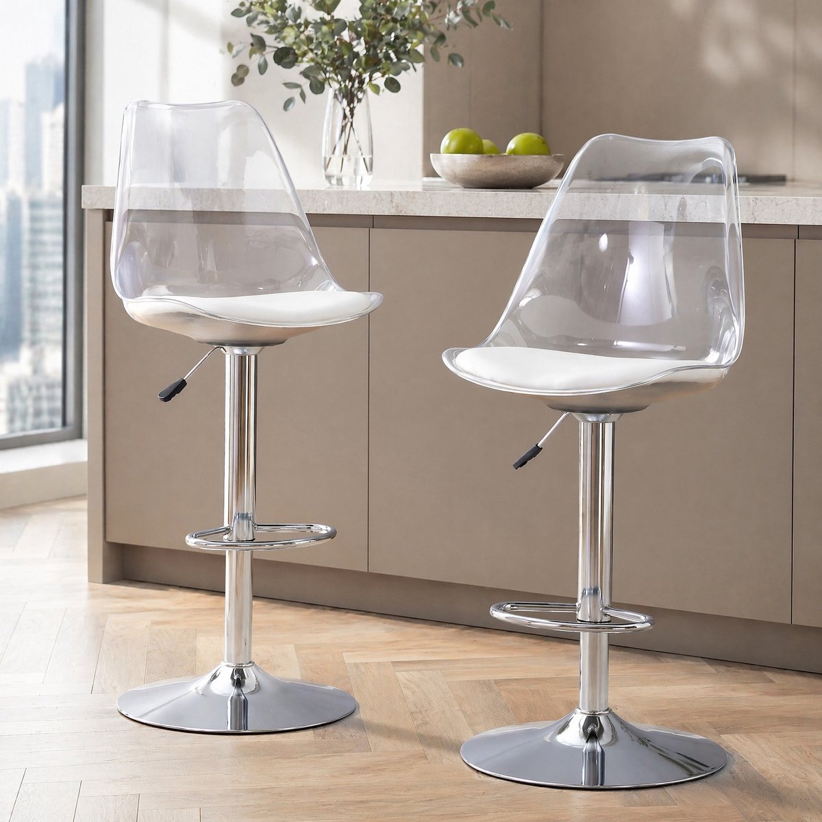 MEUNIQ barkruk set van 2 met transparante kunststof rugleuning, kunstleren zitting, zilverkleurig metalen onderstel, hoogteverstelbaar en 360° draaibaar voor keuken en bistro Silver