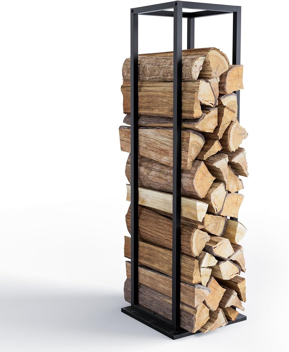Haardhoutrek Metaal - Houtopslag Rek - Haardhout Opslag - Ruimtebesparend Verticaal - 33x33x112 cm - Zwart
