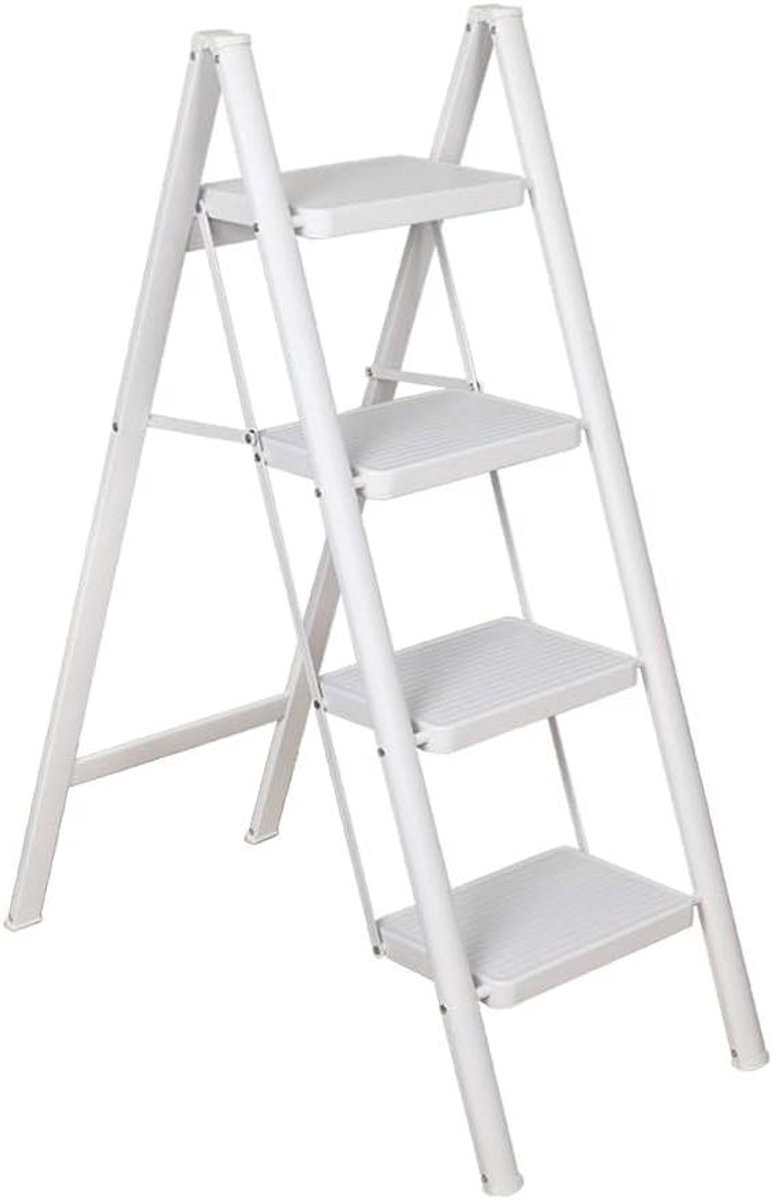 Huishoudtrap 4 Treden - Vouwladder Stevig - Klusjes Thuis - Lichtgewicht Inklapbaar - 150 kg Belastbaar - Wit