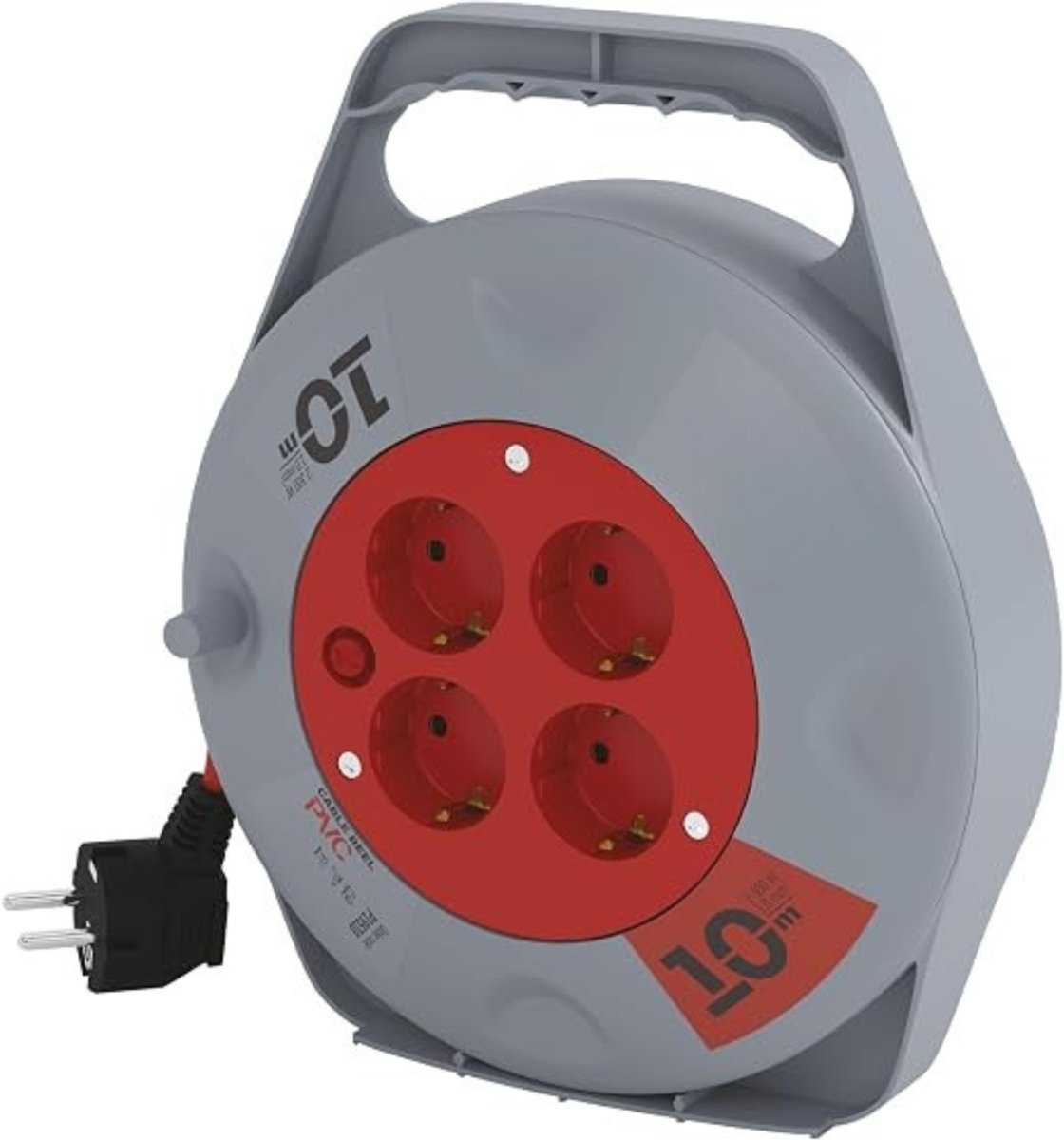 Verte Haspel Verlengsnoer - Mini-Kabelhaspel - 4 Geaarde Stopcontacten - 230 V - 10 A - 2300 W - Hoogwaardige PVC-Isolatie - H05VV-F3G 1,0 mm² - met Thermoschakelaar - IP20 voor Gebruik Binnenshuis - 10 m