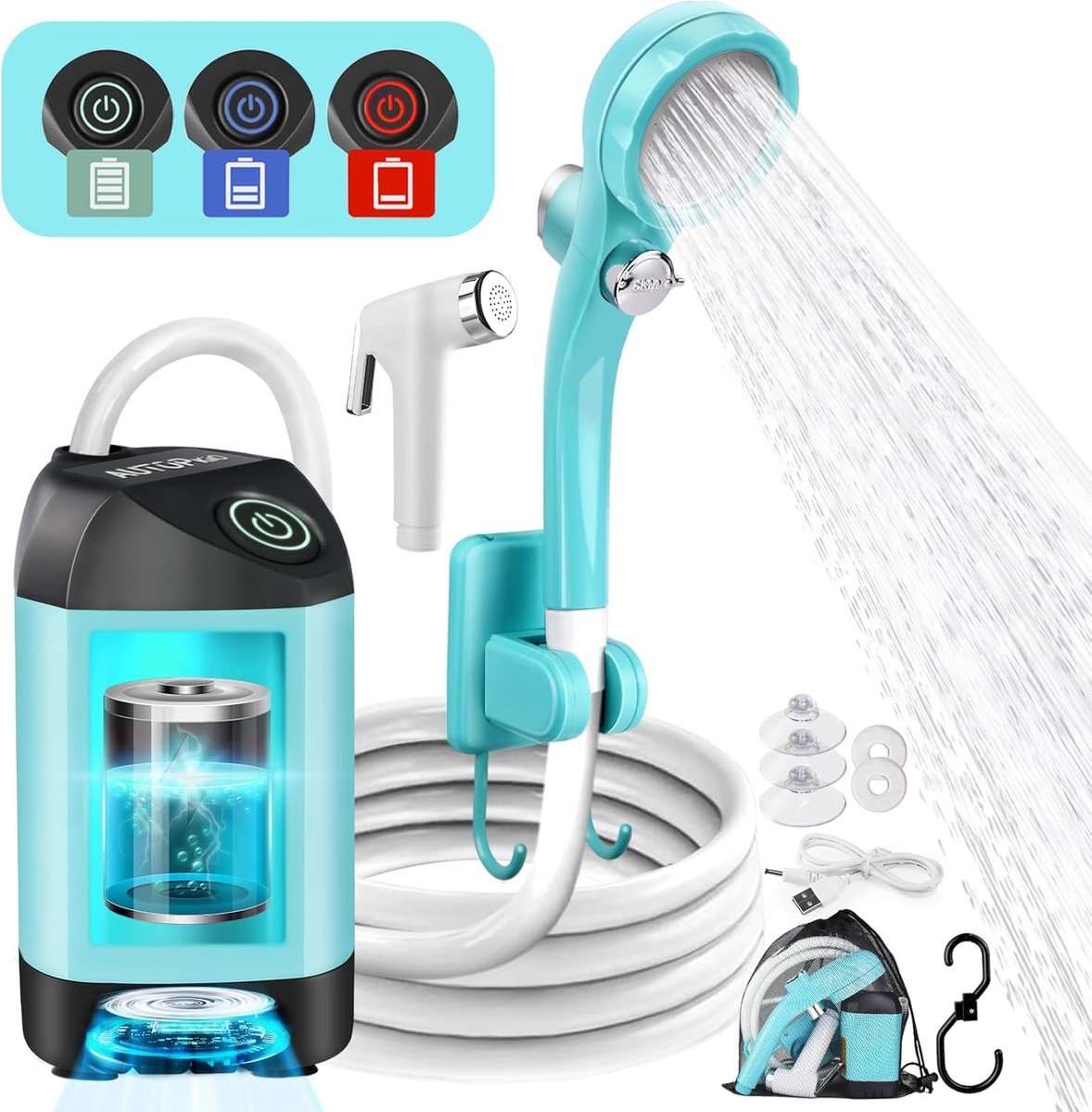SnelShoppen - Draagbare Campingdouche - Oplaadbare Buitendouche met Drukregelaar, 4500mAh Batterij, IPX7 Waterdicht - Ideaal voor Kamperen, Wandelen,