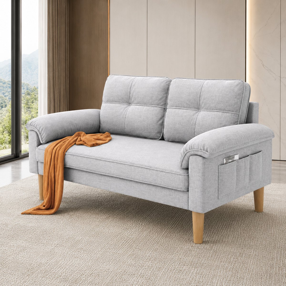 Luxe 2-Zits Bank Oslo+ met Zijvakken – Compacte Stoffen Loveseat voor Woonkamer, Slaapkamer & Kantoor – Comfortabele Moderne Sofa Lichtgrijs 145 x 77 x 77 cm – NoviHomeStore