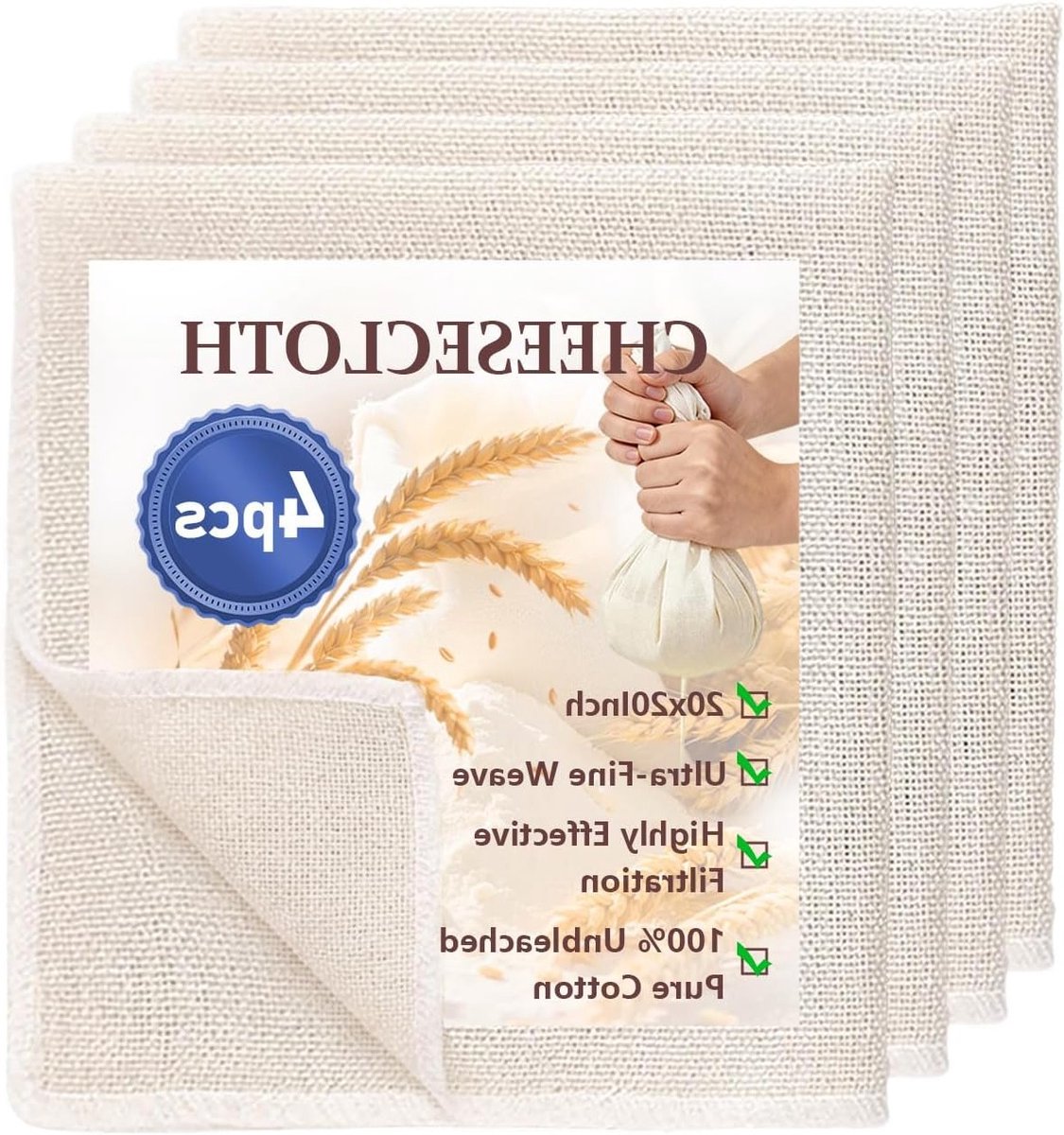 Set van 4 Herbruikbare Kaasdoeken van 50x50cm - Ongebleekt Katoen voor Notenmelk, Boter en Sap