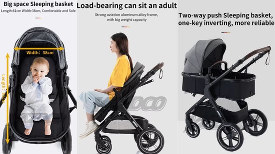 J&R Kinderwagen 3 in 1 - Kinderwagen - Bedje - Buggy - Autostoel - Opvouwbaar - Aluminium frame - Roze - Zwart — afbeelding 4