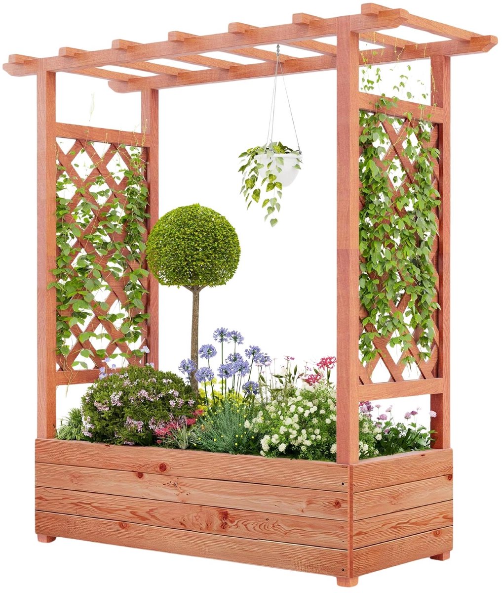 Verhoogde Plantenbak met Trellis - Met Klimrek, Luifel en Afwatering - voor tuin en balkon - 110x44x113,5 cm Hout - 110 x 44 x 182 cm