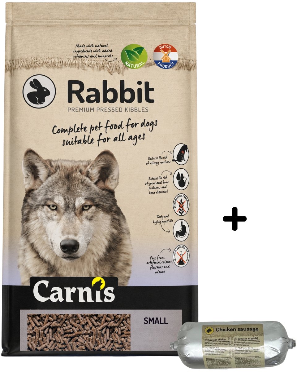Carnis Carnis Rabbit Small geperst hondenvoer 12,5 kg + Gestoomde worst kip 200gr - Hond