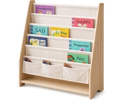 WonderMind Massief Grenenhout Montessori Kinderboekenrek – Frontale Boekendisplay met Canvas Boekenvakken – Kinderboekenkast – Speelgoedkast – Speelgoedopberger – Speelgoedmand – Boekenkast Kinderkamer – Kinderstoel – WM-C003