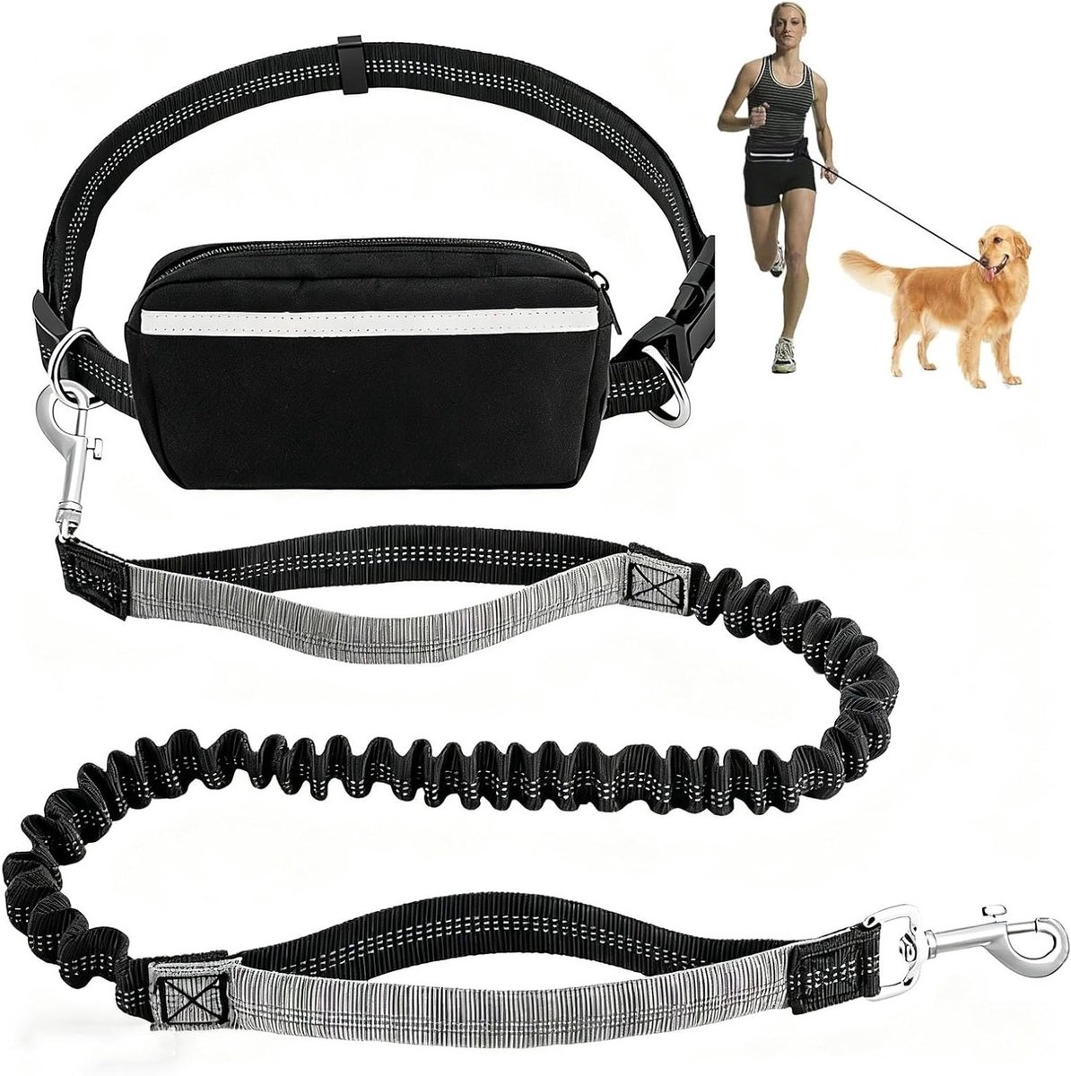 Verstelbare handsfree hondenriem met dubbele handgrepen, schokabsorberend bungee-systeem en reflecterende stiksels voor veilig wandelen en joggen met je hond
