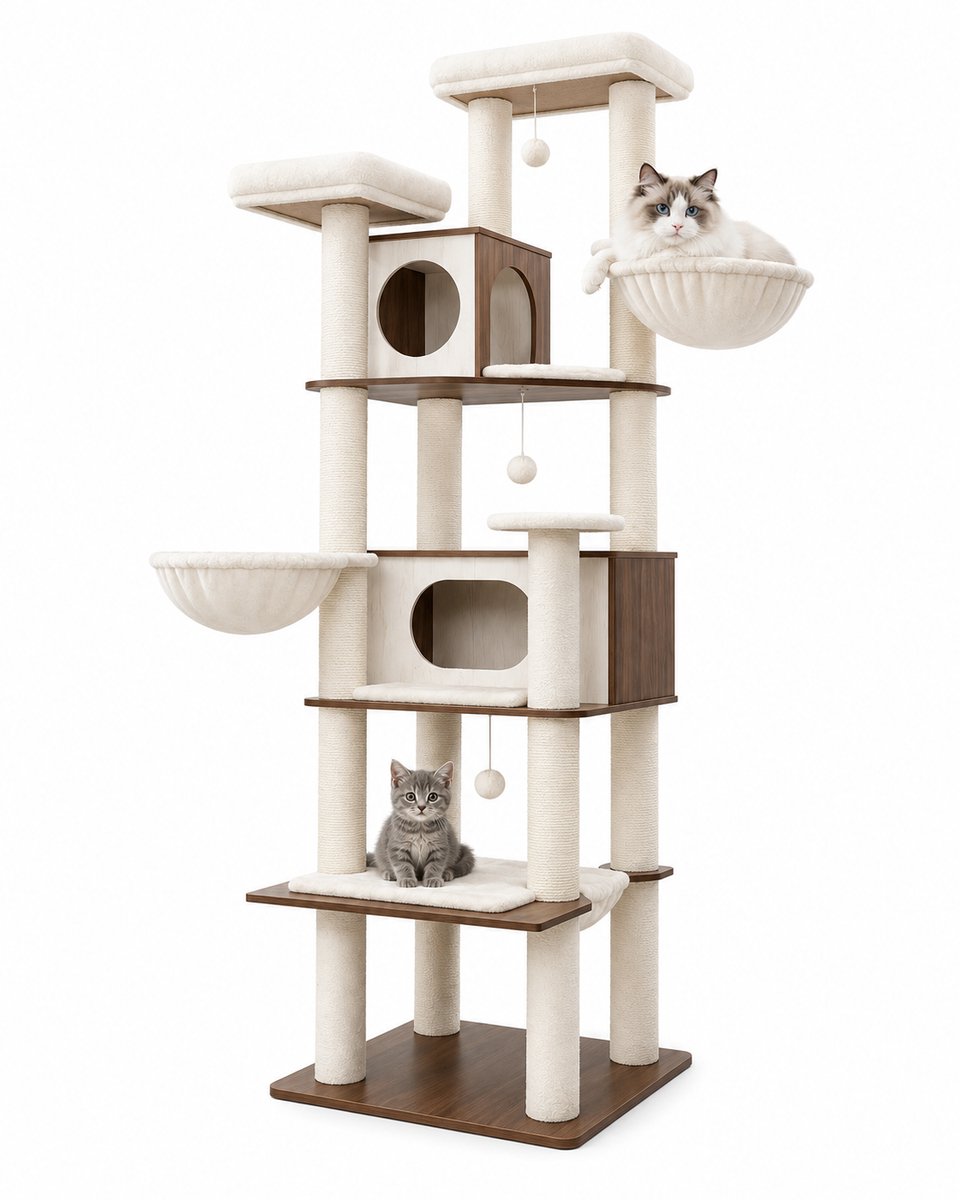 NordPaw® XXL Kattenkrabpaal 209 cm - Kattenboom met 2 Kattenhuisjes, 2 Hangmanden, 5 Sisal Krabpalen en Meerdere Ligplateaus - Wit/Eiken - 209 cm