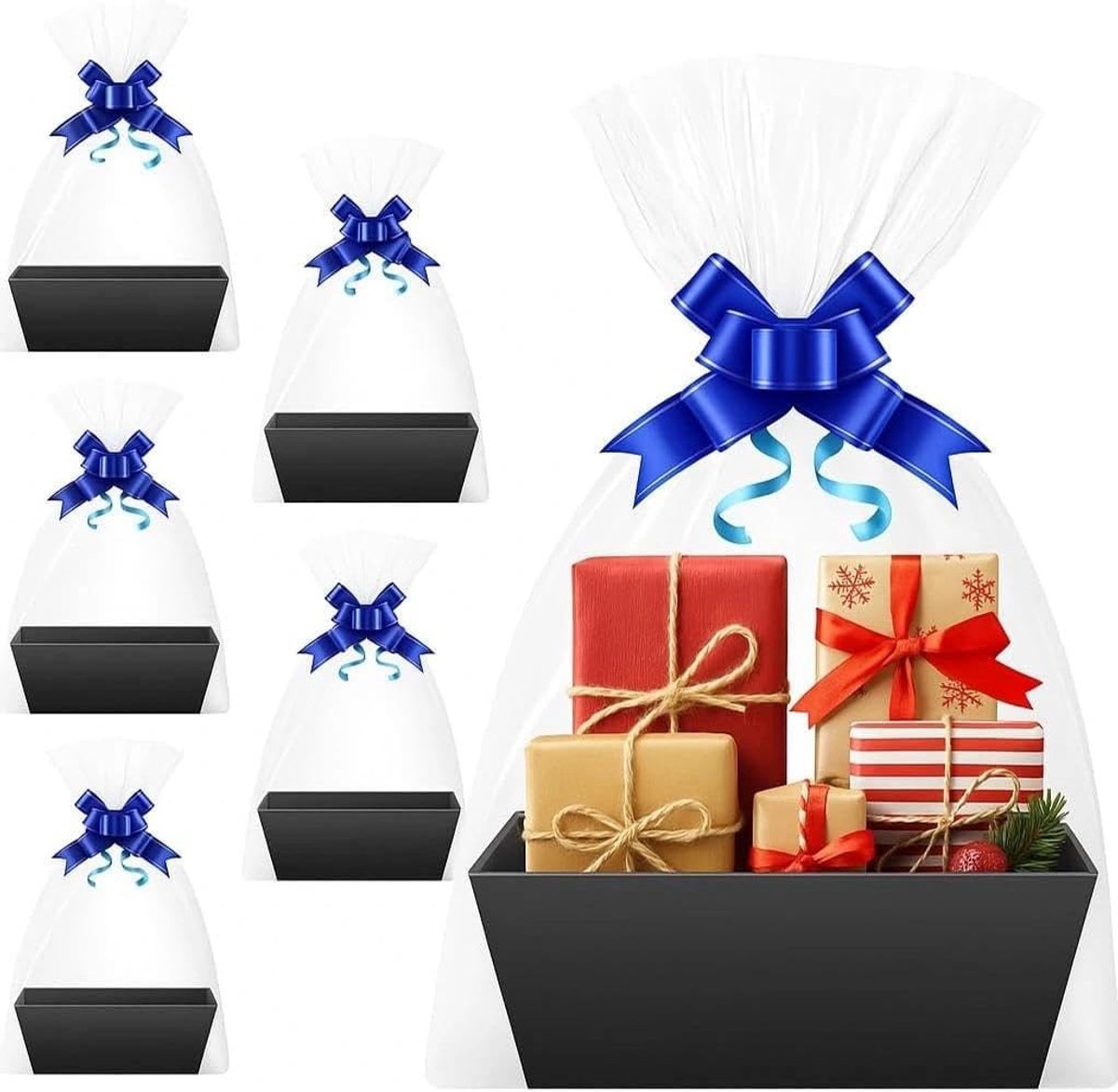 Lege geschenkmand met handvat in zwart kraftpapier, ideaal voor bruiloften, verjaardagen en feestdagen met 5 krimpfolies en strikken