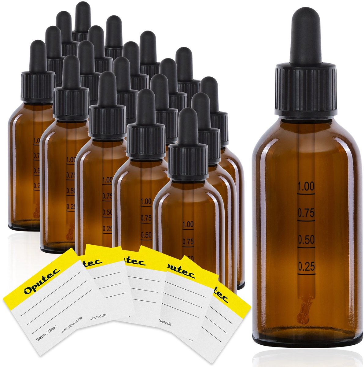 Oputec 20x 100ml pipetflesjes bruin glas met schaalverdeling kinderslot lekvrij voor oliën aroma’s essences