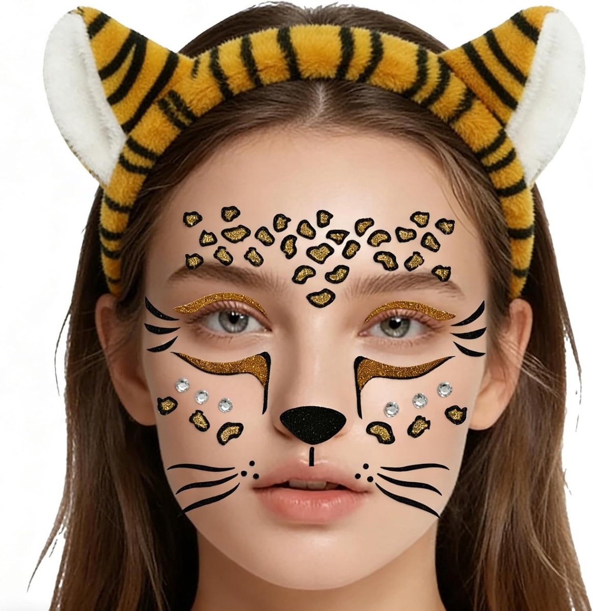 Hoofdband met tijgeroren van pluche, perfect voor Halloween, feesten en carnaval, inclusief tijgergezicht stickers en cosplay accessoires